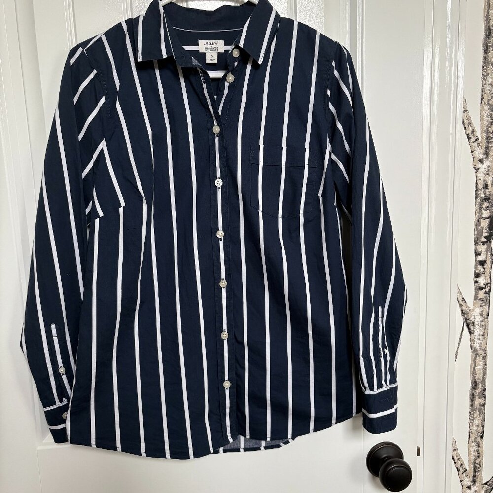 J.Crew Women's Signature Fit Cotton-blend Shirt - Navy and White Stripe